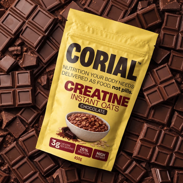 Embalagem de Papas de Aveia Proteicas com Creatina Chocolate CORIAL