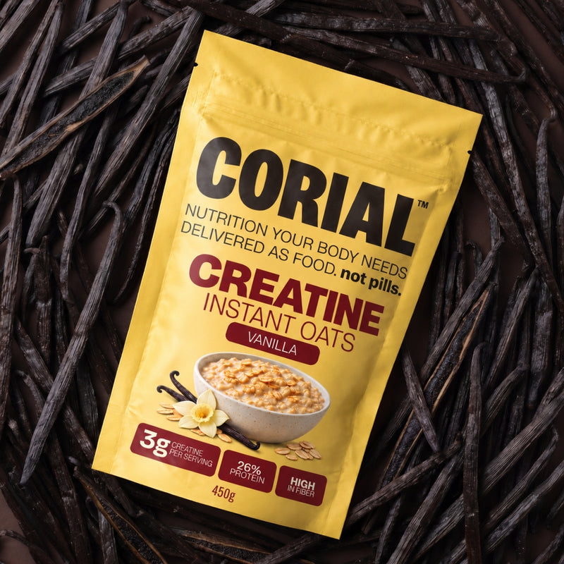 Embalagem CORIAL Creatine Instant Oats Baunilha sobre vagens de baunilha