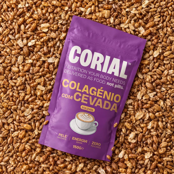 Embalagem roxa CORIAL Colagénio com Cevada sobre grãos de cevada torrada