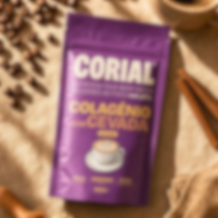 Cevada Funcional com Colagénio + Vitamina C CORIAL — imagem de fundo desfocada com embalagem