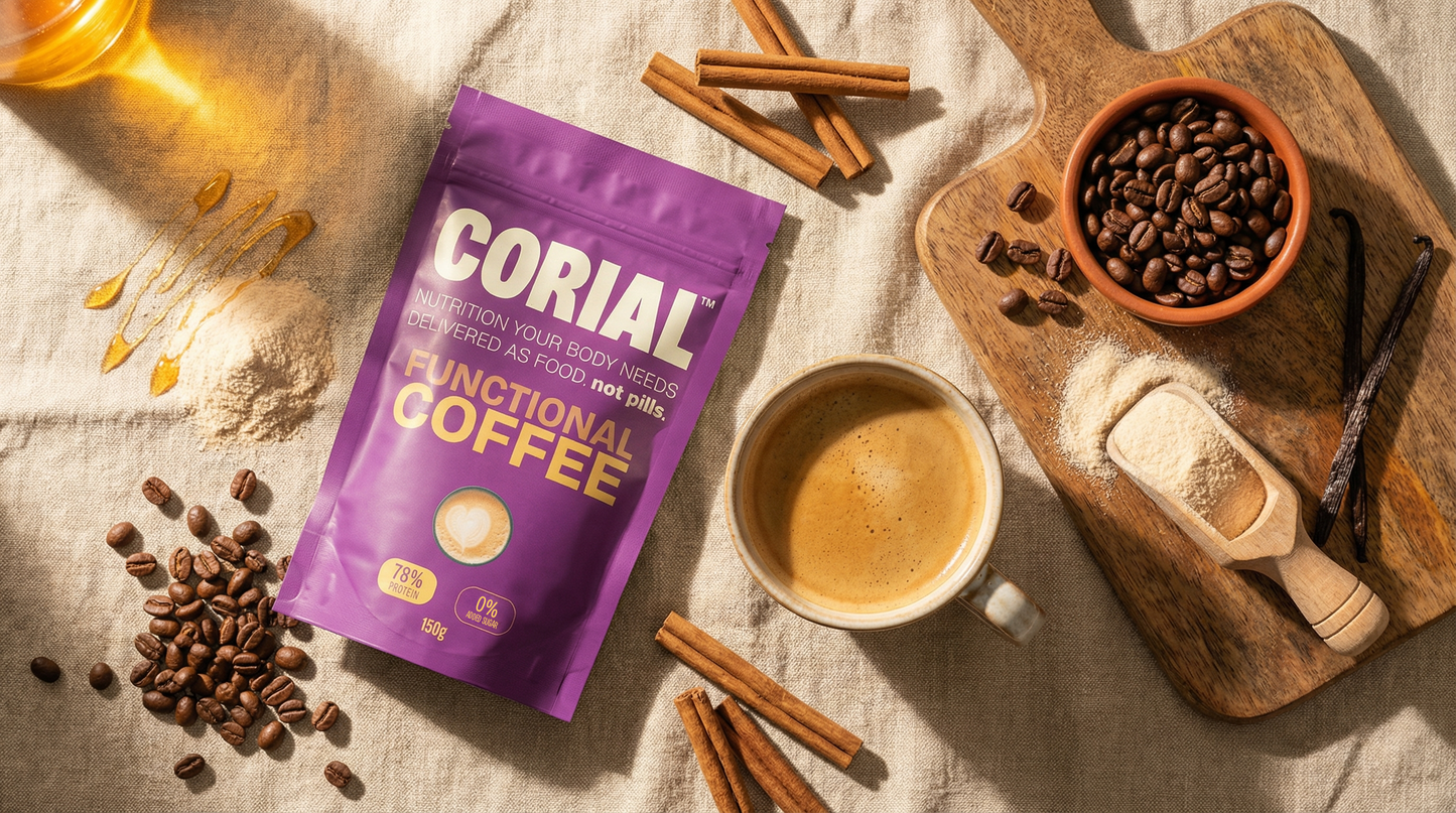 Chávena de Collagen Coffee CORIAL preparado com leite