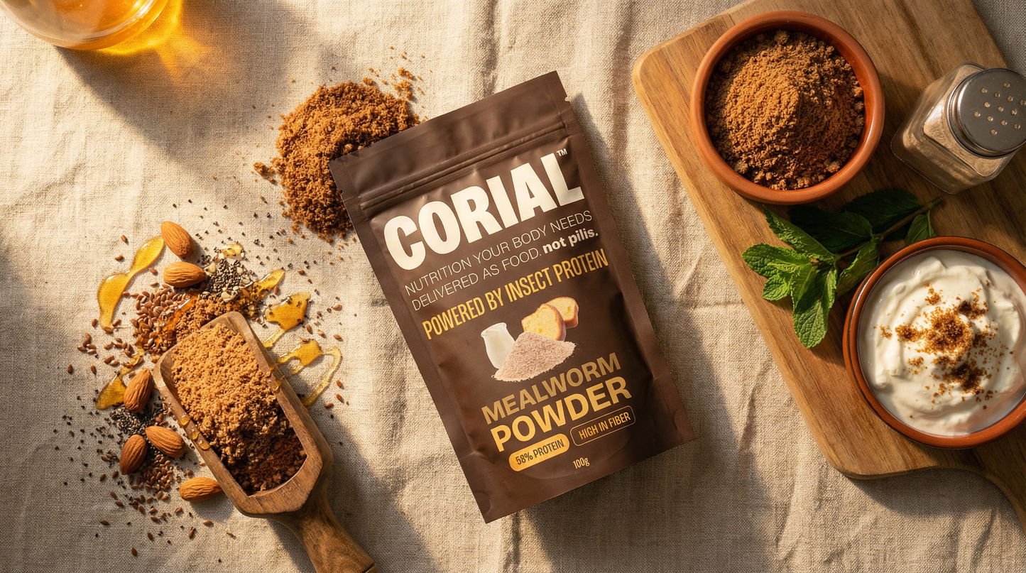 Farinha de inseto CORIAL — textura em pó de tenébrio desidratado moído