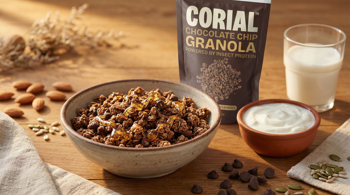 Granola CORIAL — textura crocante com chips de chocolate e tenébrio