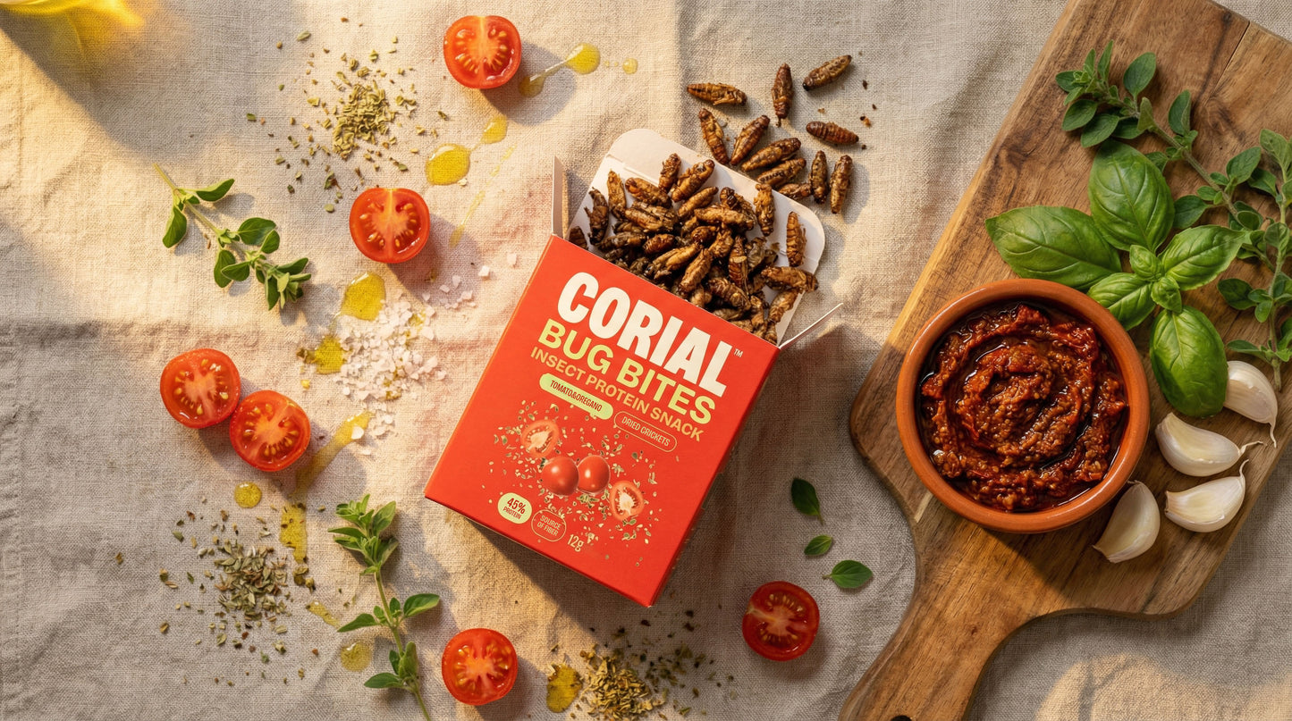 Bug Bites Grilos Tomate e Orégãos CORIAL com salada