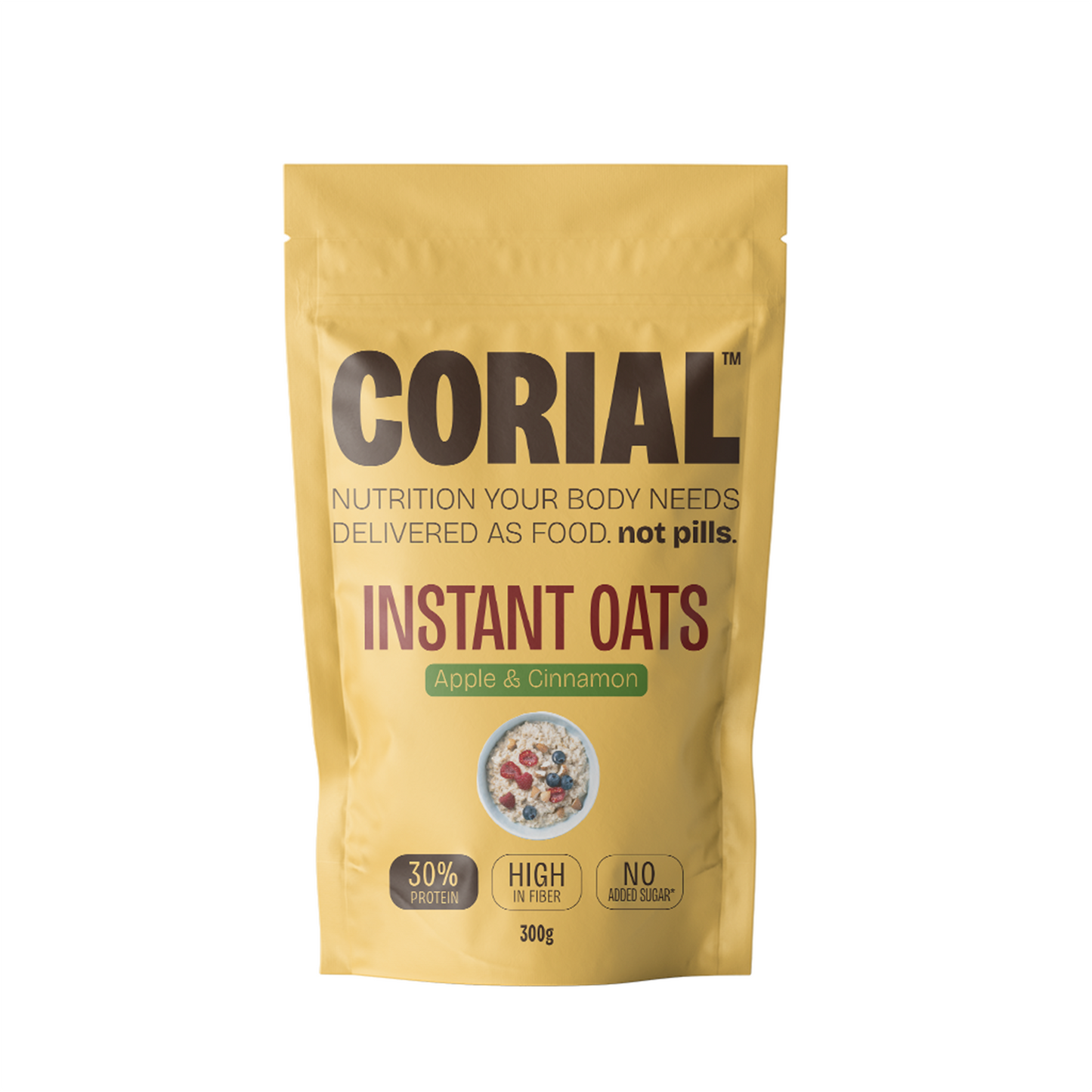 Papas de Aveia Proteicas com sabor a Maça e Canela CORIAL — embalagem 300g