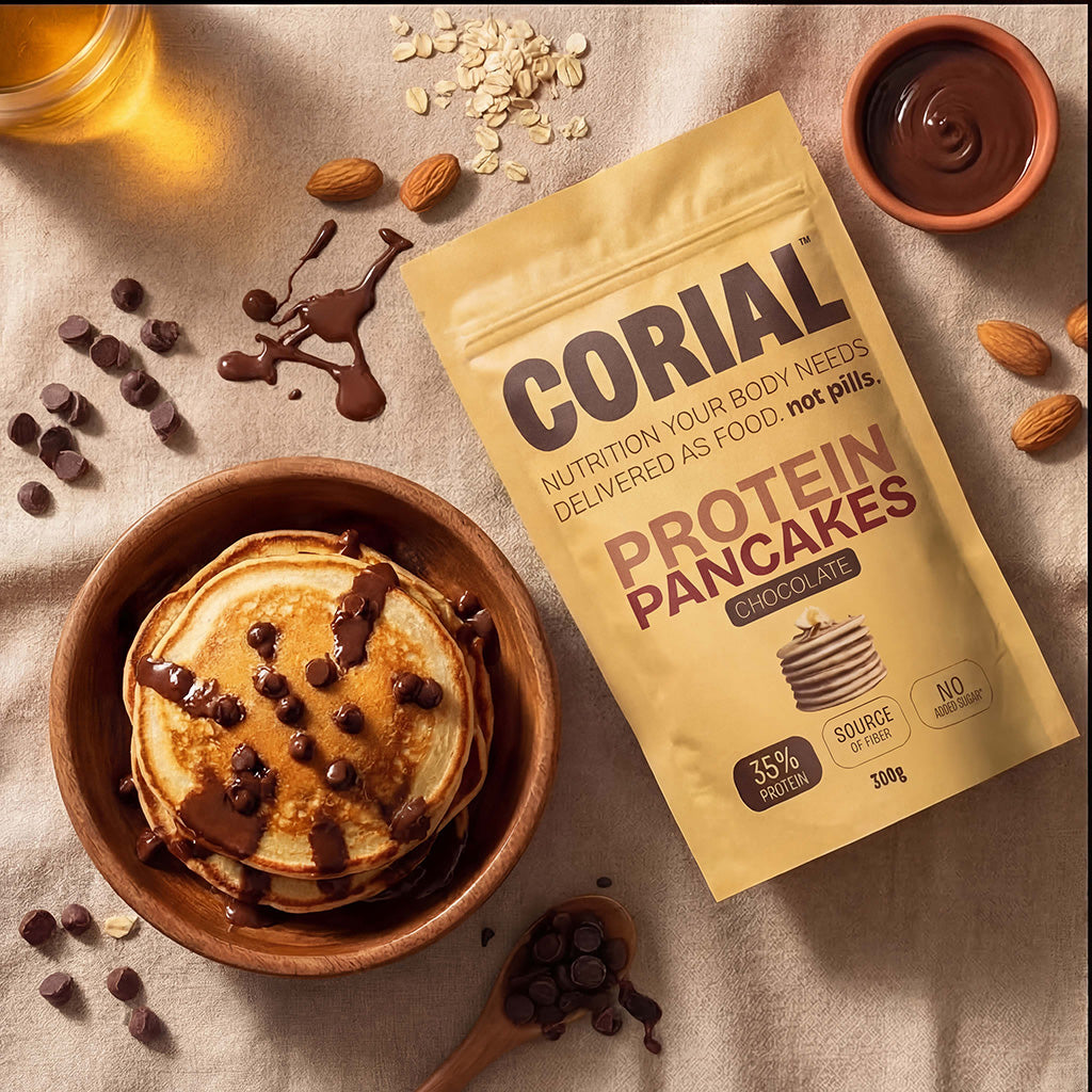 Panquecas Proteicas Pepitas de Chocolate CORIAL — chocolate negro real 38g proteína 300g