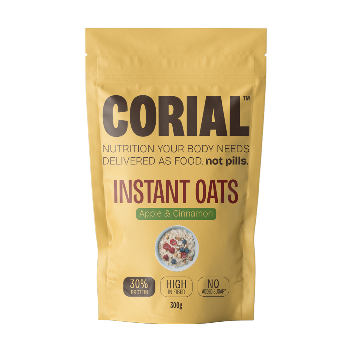 Papas de Aveia Proteicas com sabor a Maça e Canela CORIAL — embalagem 300g