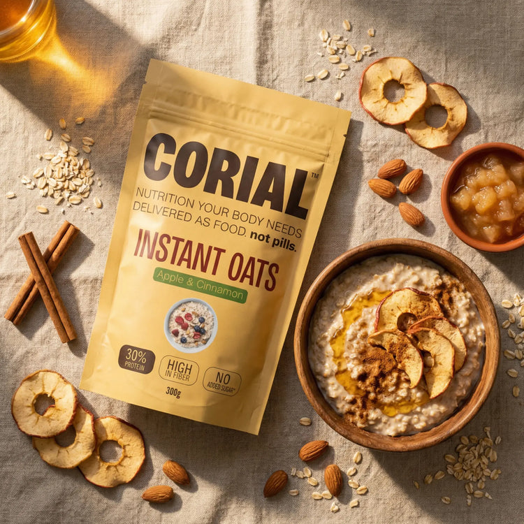 Papas de Aveia Proteicas com sabor a Maça e Canela CORIAL — embalagem 300g
