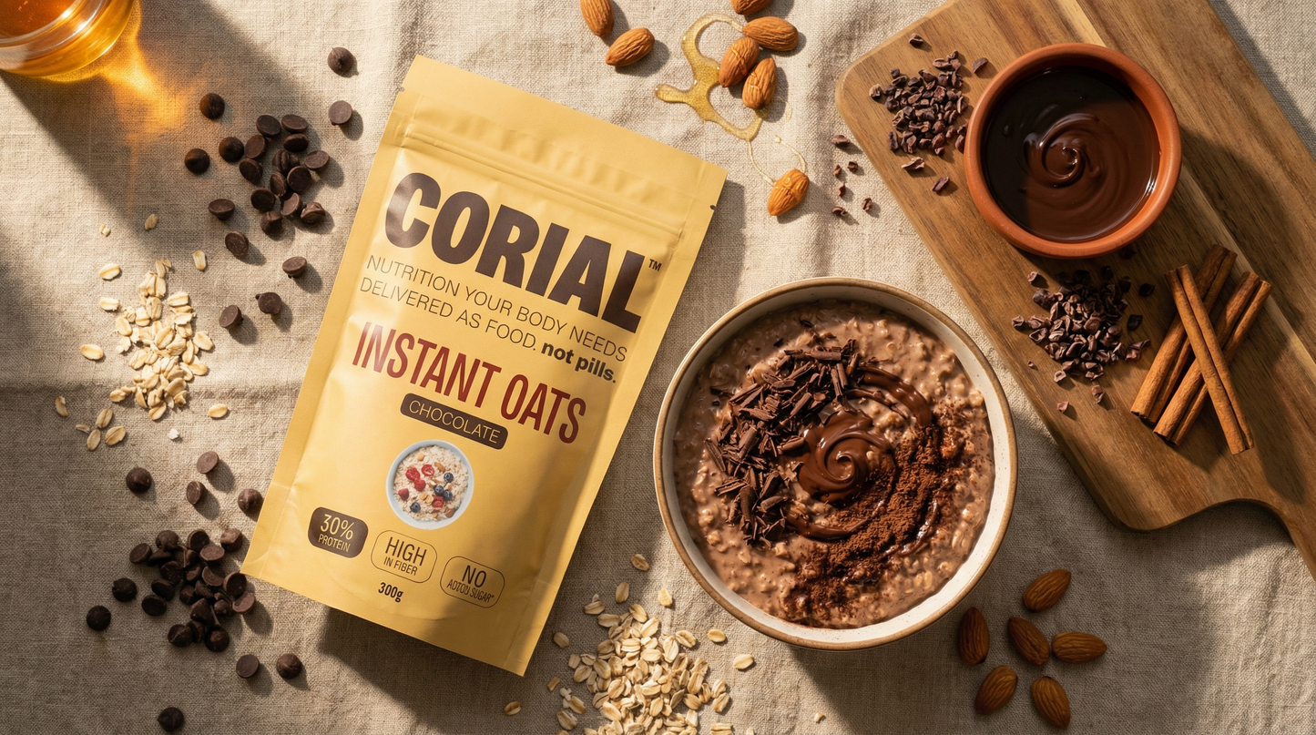 Tigela de papas de aveia proteicas com sabor a Chocolate CORIAL com toppings