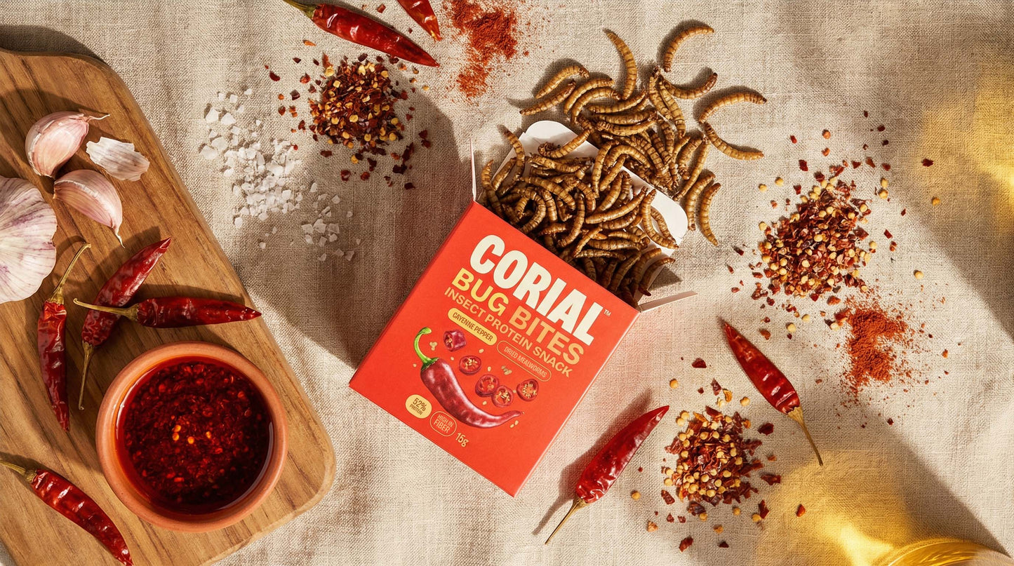 Bug Bites Larvas Pimenta Cayenne CORIAL como aperitivo