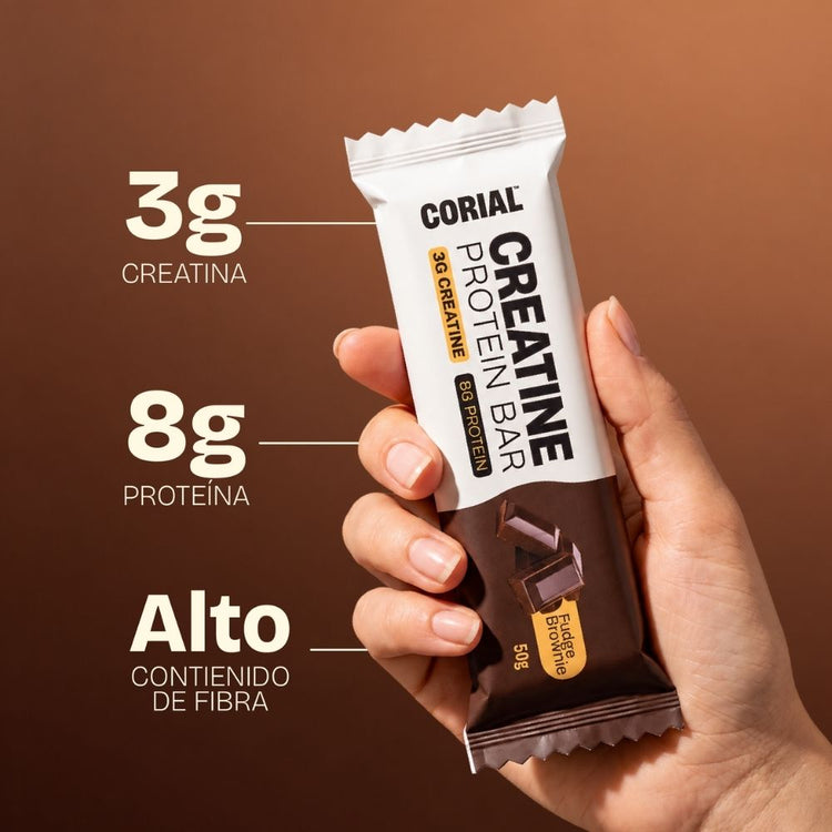 Barrita CORIAL Creatine Protein Bar Fudge Brownie: 3 g de creatina, 8 g de proteína y alto contenido de fibra