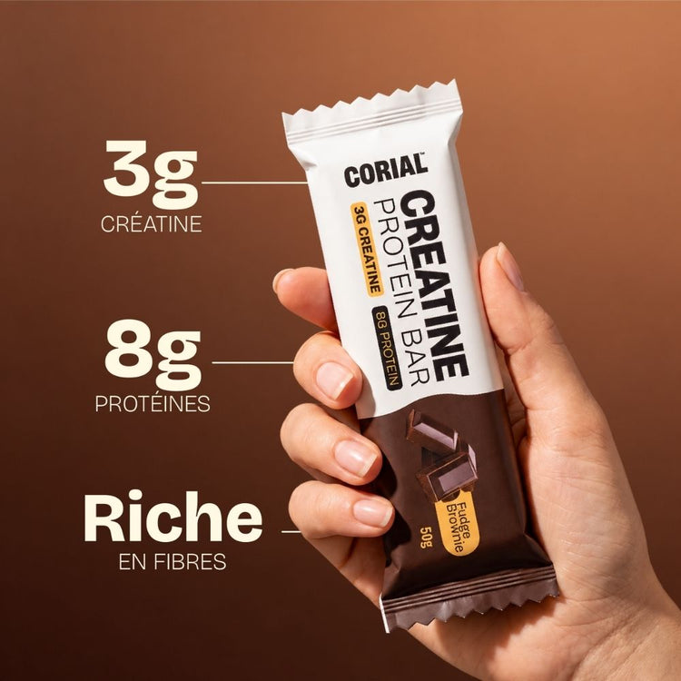 Barre CORIAL Creatine Protein Bar Fudge Brownie : 3 g de créatine, 8 g de protéines, riche en fibres