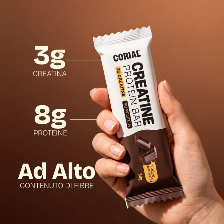 Barretta CORIAL Creatine Protein Bar Fudge Brownie: 3 g di creatina, 8 g di proteine, ad alto contenuto di fibre