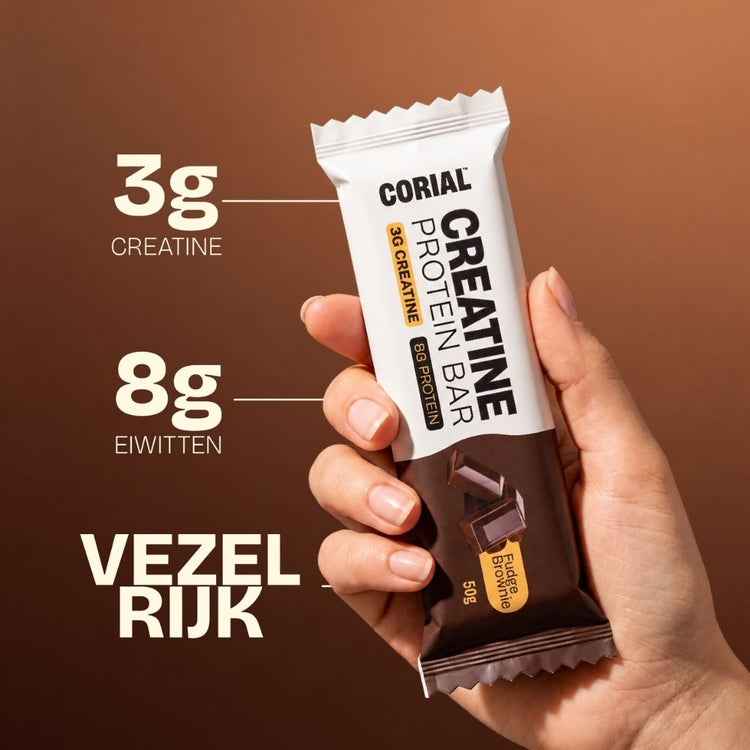 CORIAL Creatine Protein Bar Fudge Brownie: 3 g creatine, 8 g eiwitten, vezelrijk