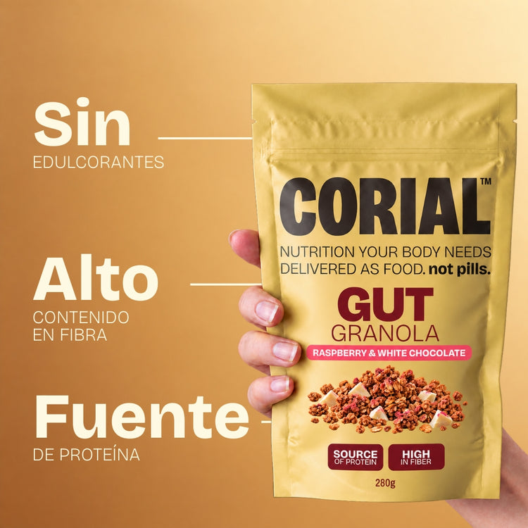 Gut Granola Frambuesa y Chocolate Blanco CORIAL — principales beneficios