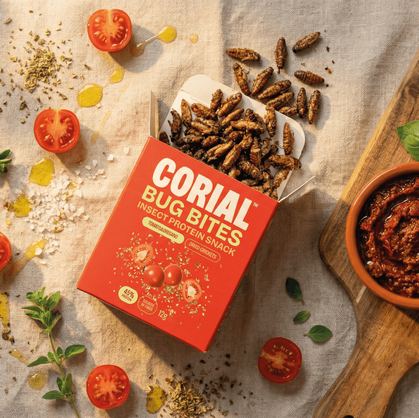 Bug Bites Grilos Tomate e Orégãos CORIAL — 45g proteína 12g