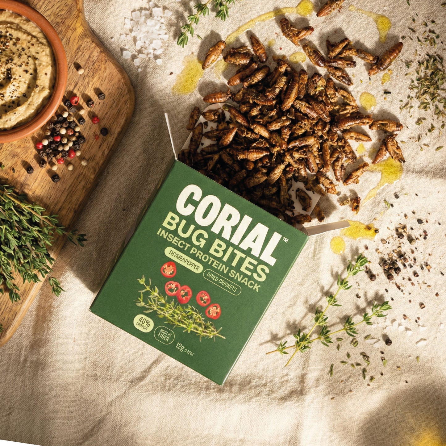 Bug Bites Grilos Tomilho e Pimenta CORIAL — 46g proteína 12g