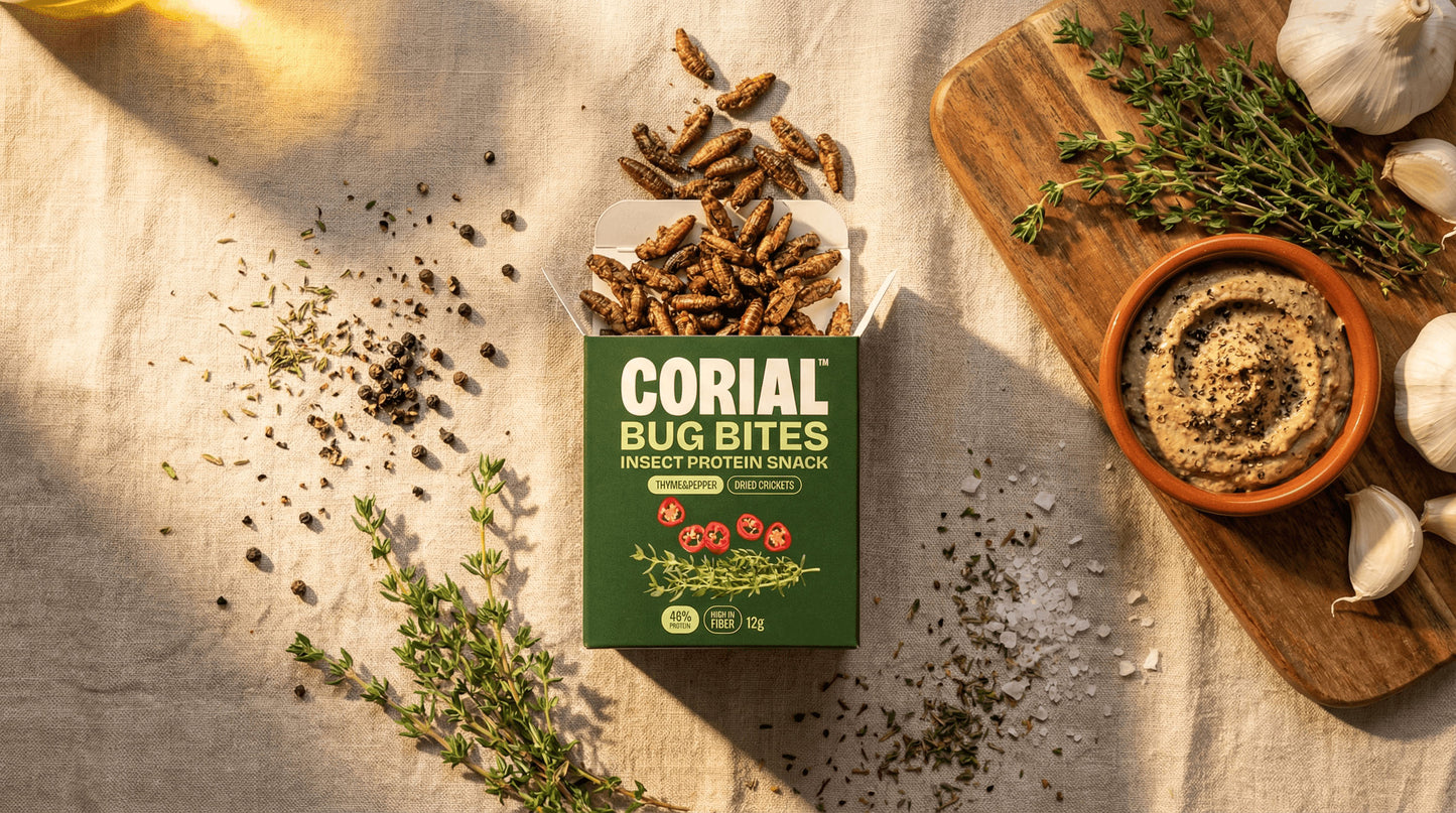 Bug Bites Grilos Tomilho e Pimenta CORIAL como snack