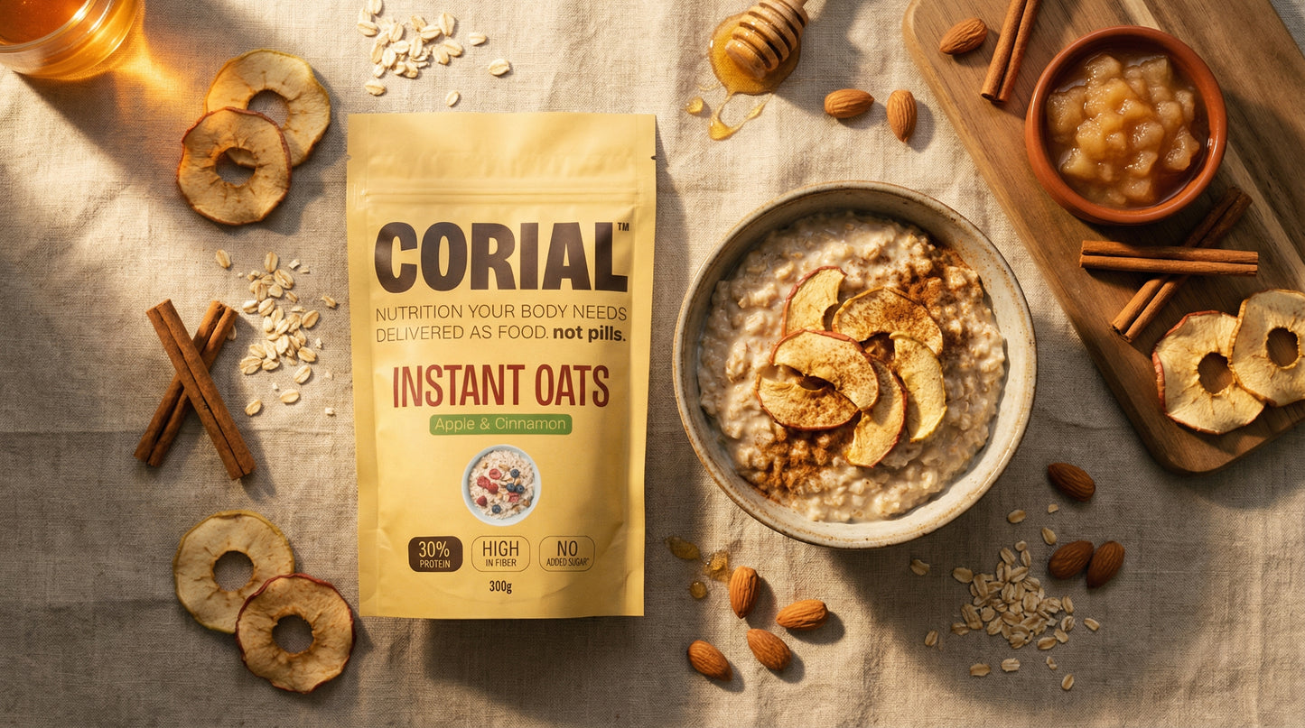 Tigela de papas de aveia proteicas com sabor a maça e canela CORIAL com toppings