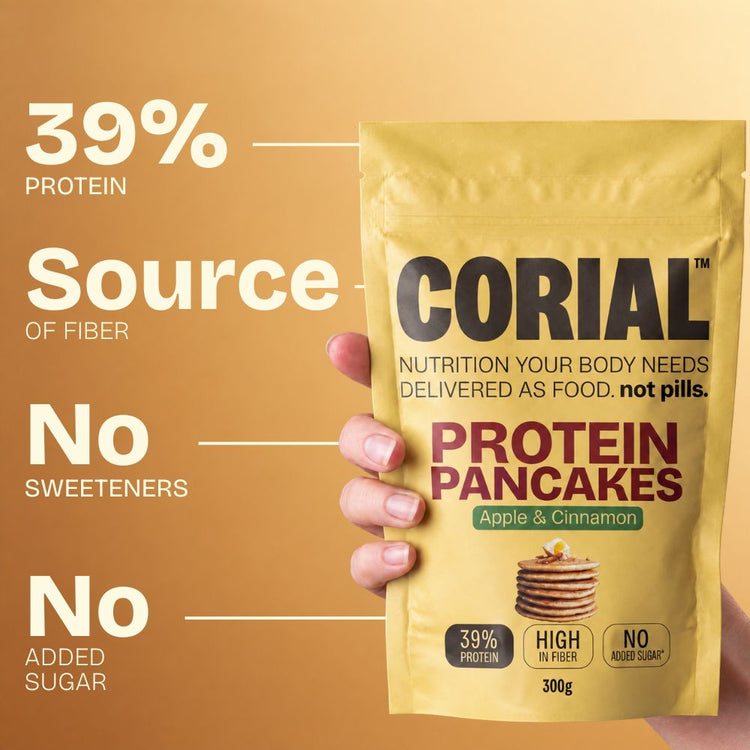 CORIAL Protein Pancakes Apple & Cinnamon: 39% protein, source of fiber, no sweeteners and no added sugar