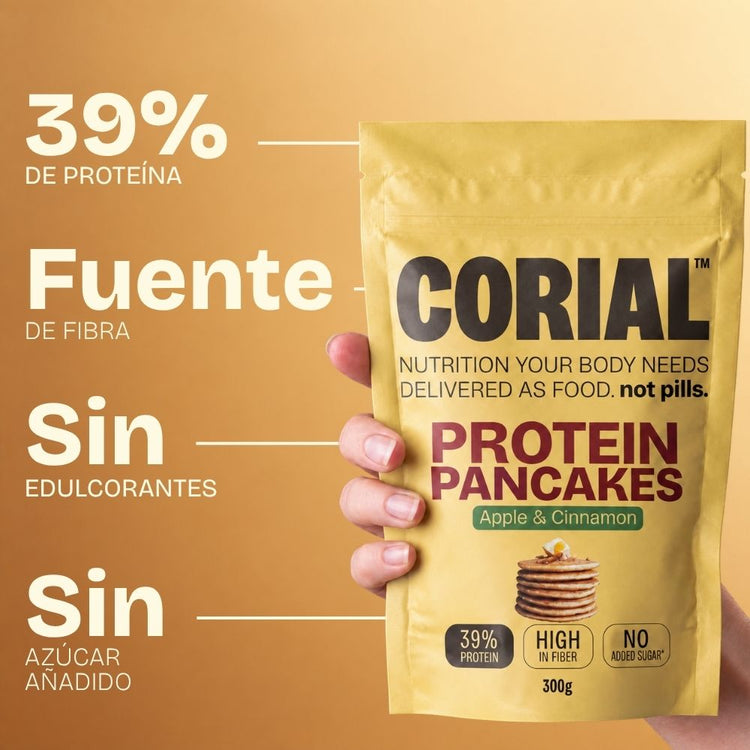 CORIAL Protein Pancakes Manzana y Canela: 39 % de proteína, fuente de fibra, sin edulcorantes y sin azúcares añadidos