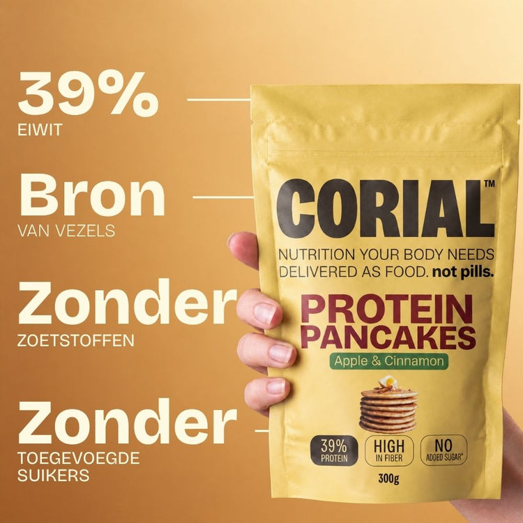 CORIAL Protein Pancakes Appel & Kaneel: 39% eiwit, bron van vezels, zonder zoetstoffen en zonder toegevoegde suikers