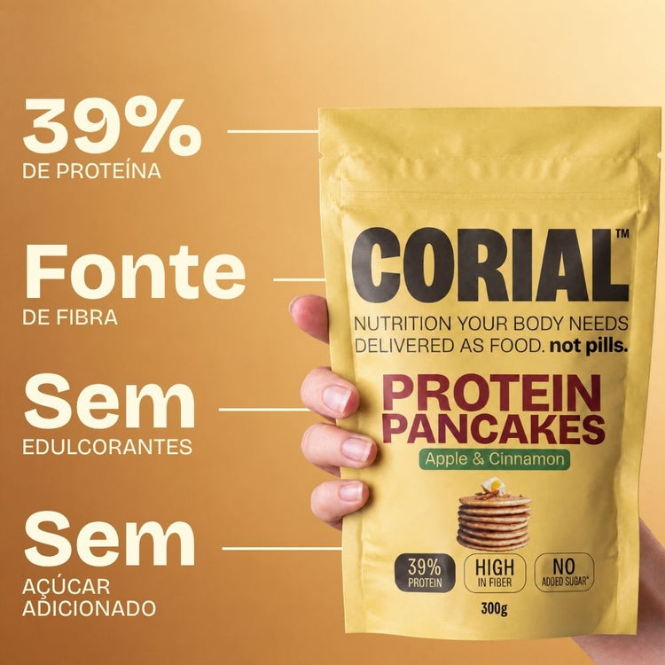 CORIAL Protein Pancakes Maçã e Canela: 39% de proteína, fonte de fibra, sem edulcorantes e sem açúcar adicionado