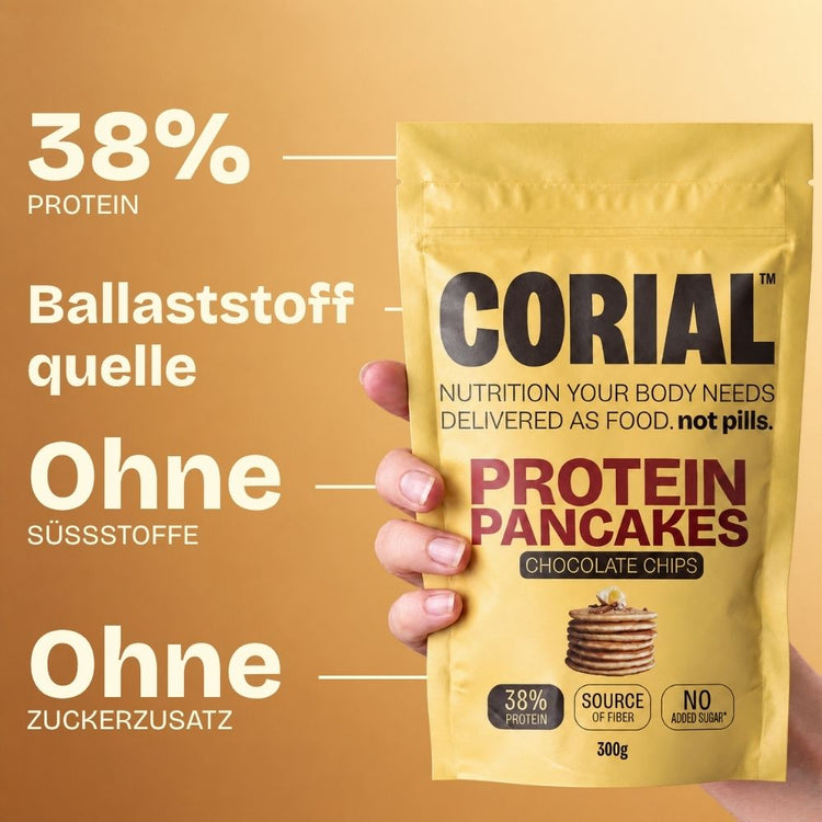 CORIAL Protein Pancakes Schokostückchen: 38 % Protein, Ballaststoffquelle, ohne Süßstoffe und ohne Zuckerzusatz