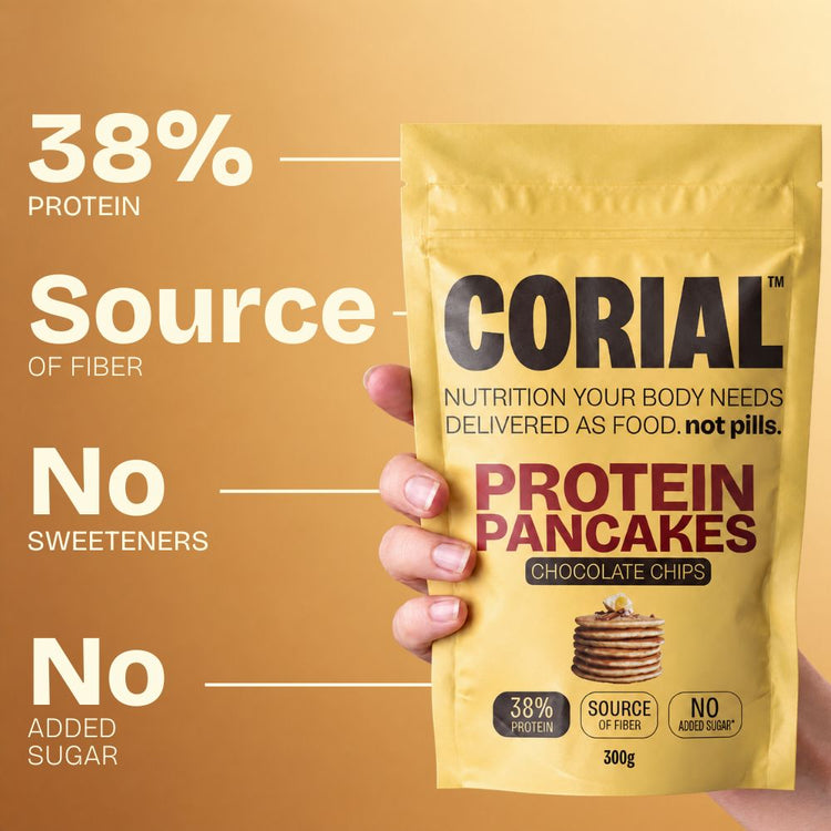 CORIAL Protein Pancakes Chocolate Chips: 38% protein, source of fiber, no sweeteners and no added sugar