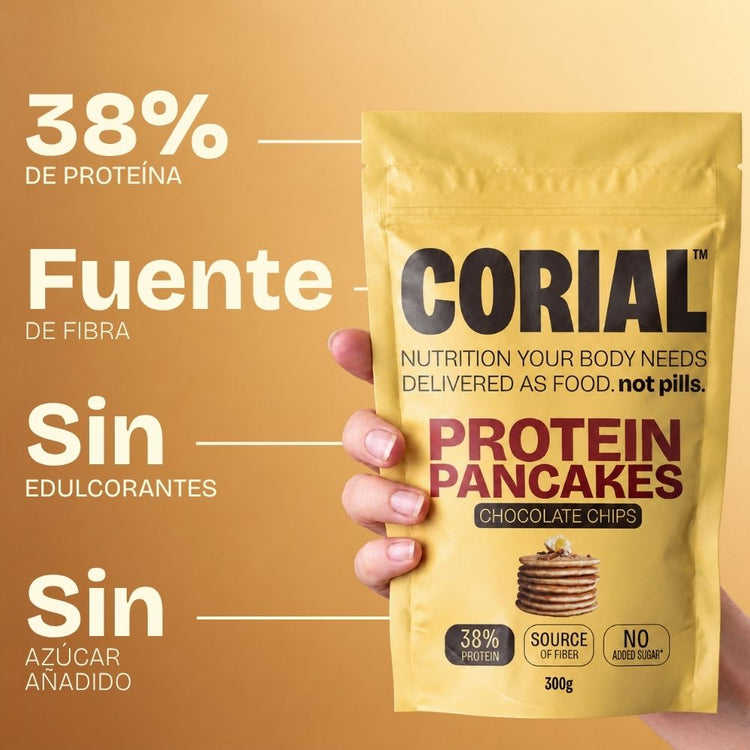 CORIAL Protein Pancakes Pepitas de Chocolate: 38 % de proteína, fuente de fibra, sin edulcorantes y sin azúcares añadidos