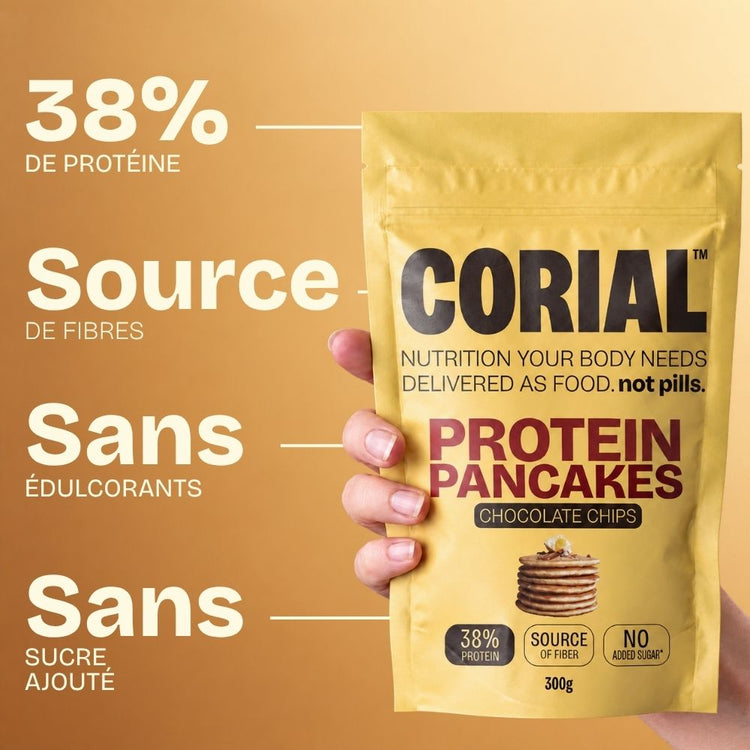 CORIAL Protein Pancakes Pépites de Chocolat : 38 % de protéines, source de fibres, sans édulcorants et sans sucres ajoutés
