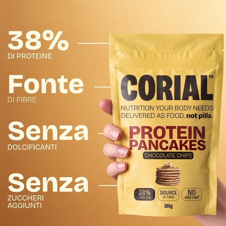 CORIAL Protein Pancakes Gocce di Cioccolato: 38% di proteine, fonte di fibre, senza edulcoranti e senza zuccheri aggiunti
