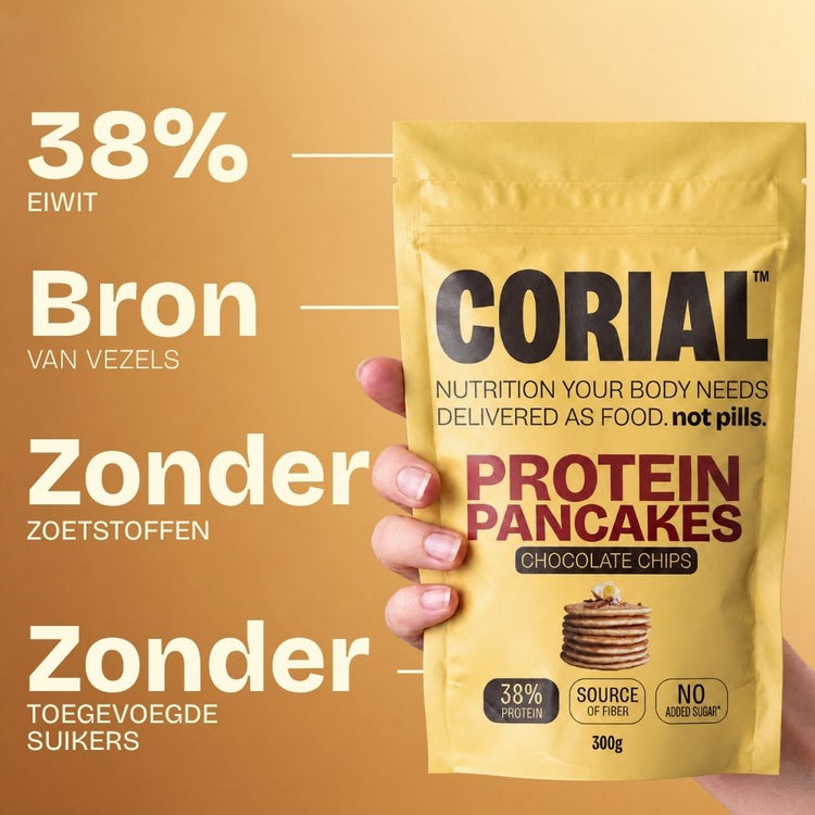 CORIAL Protein Pancakes Chocoladestukjes: 38% eiwit, bron van vezels, zonder zoetstoffen en zonder toegevoegde suikers