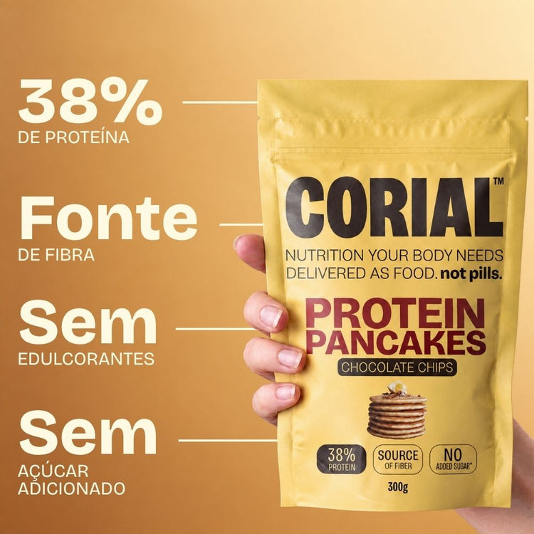 CORIAL Protein Pancakes Pepitas de Chocolate: 38% de proteína, fonte de fibra, sem edulcorantes e sem açúcar adicionado