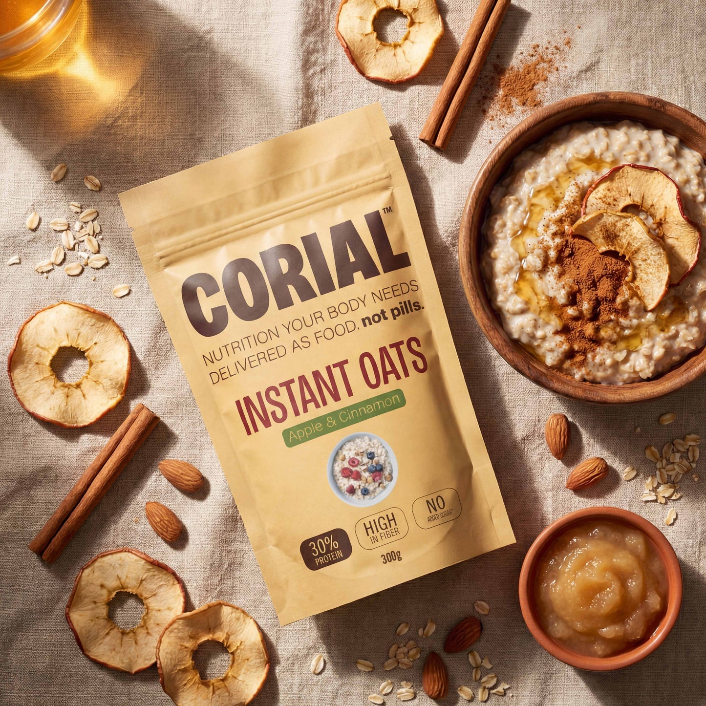 Papas de Aveia Proteicas com sabor a Maça e Canela CORIAL — embalagem 300g